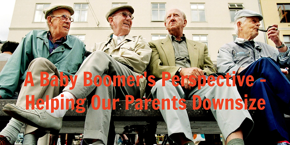 four older men sitting on a bench with text that reads a baby boomer's perspective - helping our parents downsize